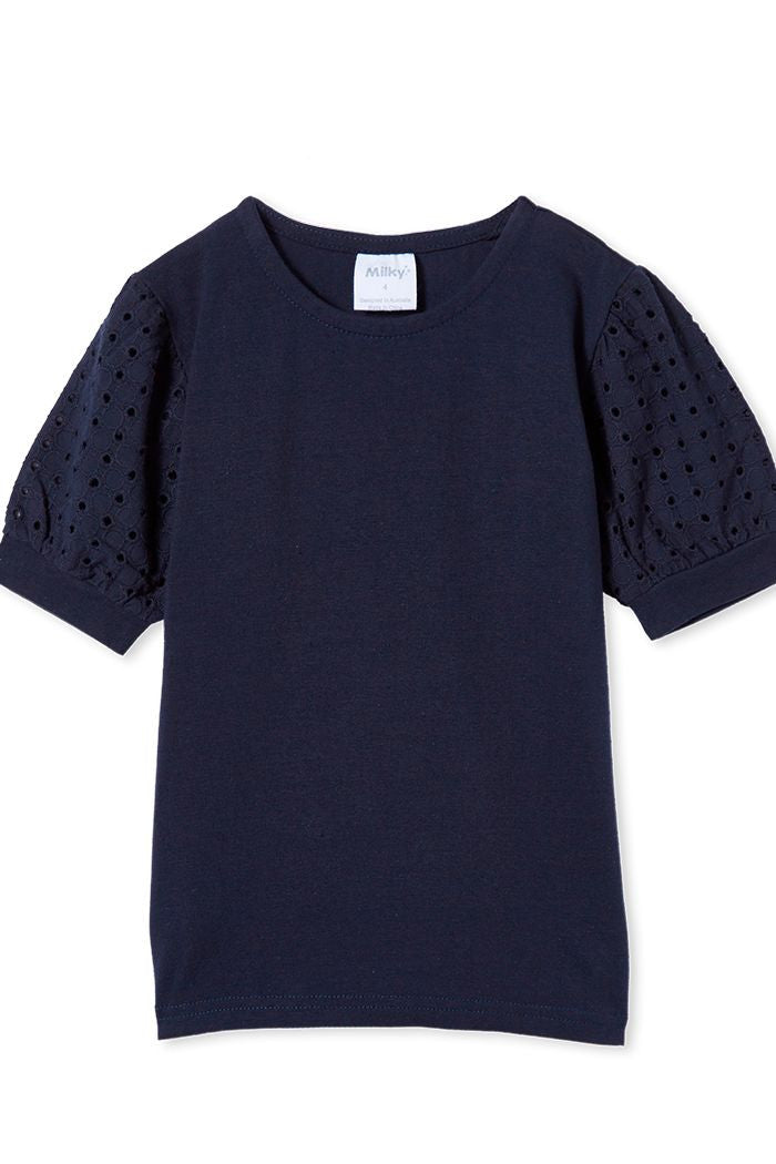 Navy Broderie Sleeve Tee