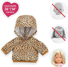 Leopard print hoodie for a doll with size and compatibility information.