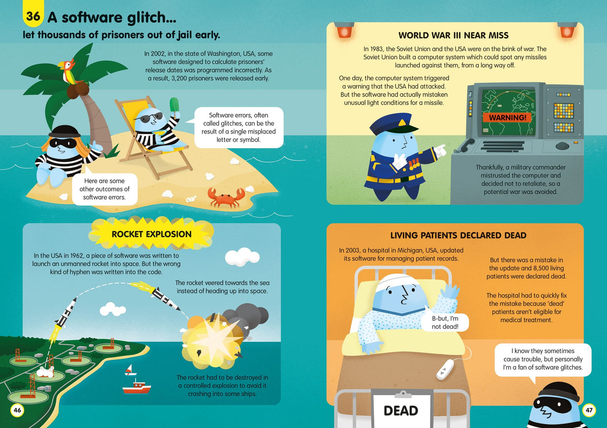Fact-packed spread from the Usborne 100 Things book with colourful diagrams about coding and technology