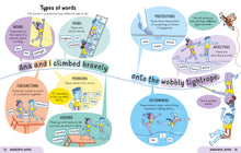 Inside spread with friendly cartoon bug characters explaining English grammar rules with simple examples