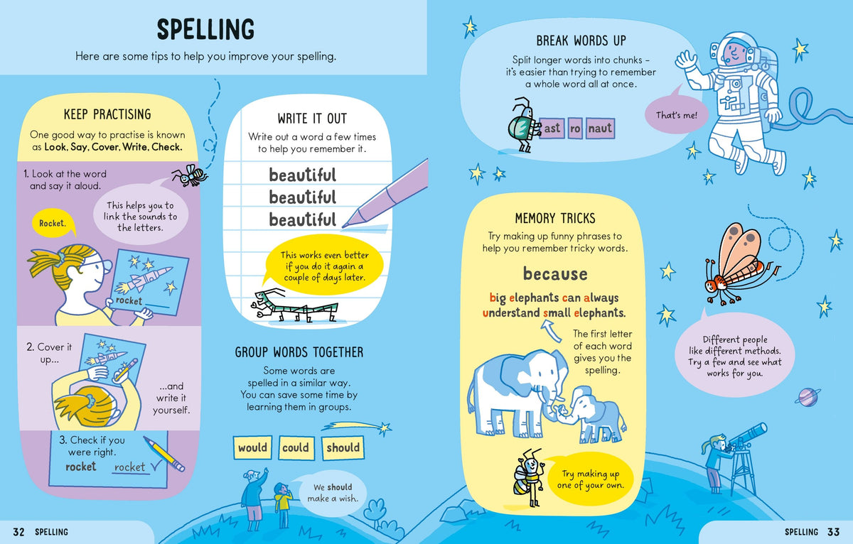 Spelling and punctuation spread with bright illustrations, short tips and activities for young readers