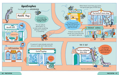 Creative writing page encouraging children to plan stories and poems, with playful bug characters