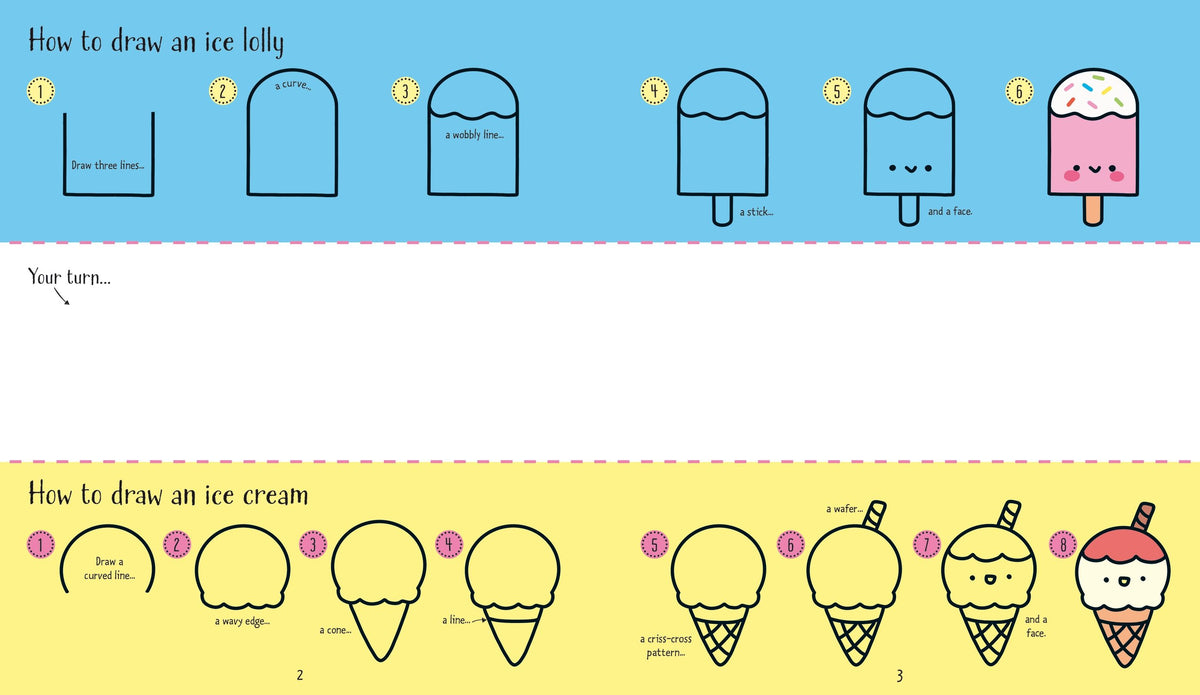 Step-by-step drawing spread of cute foods like cupcakes and burgers broken into easy stages