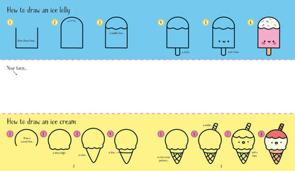 Step-by-step drawing spread of cute foods like cupcakes and burgers broken into easy stages