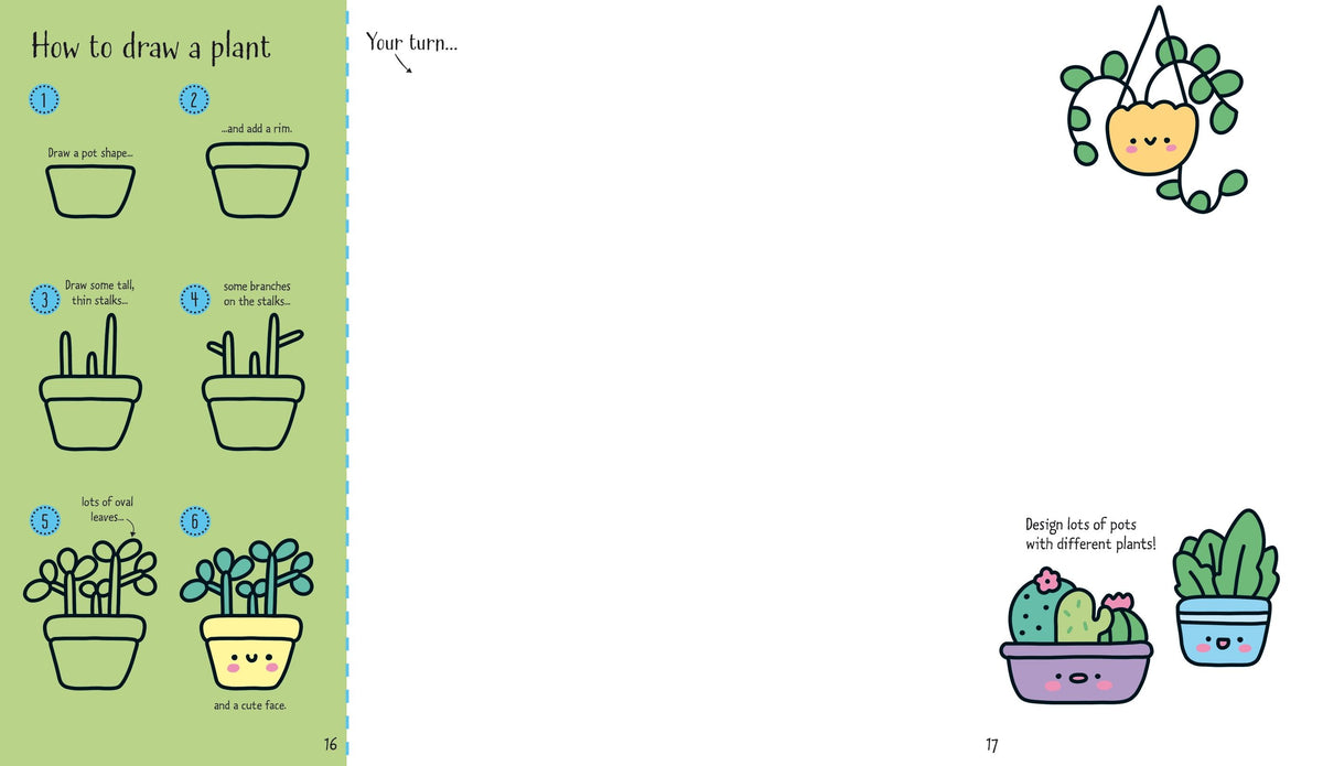 Kawaii-style drawing instructions with clear illustrated steps and room to draw in the book