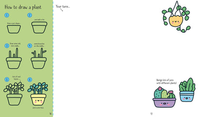 Kawaii-style drawing instructions with clear illustrated steps and room to draw in the book