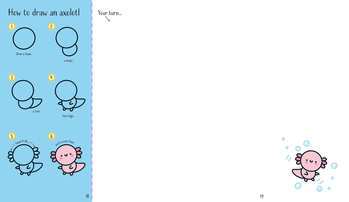 Double-page spread of cute characters with smiley faces showing the layout of the drawing book