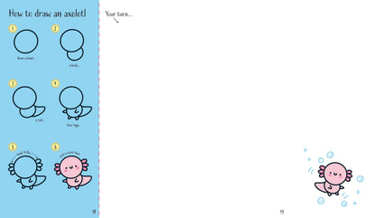 Double-page spread of cute characters with smiley faces showing the layout of the drawing book