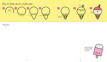 Inside page showing how to draw a cute smiling character in simple numbered steps with practice space