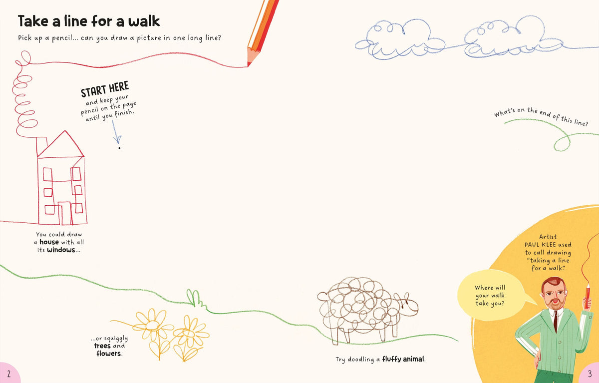 Double-page spread showing the large-format layout and variety of art activities inside the book