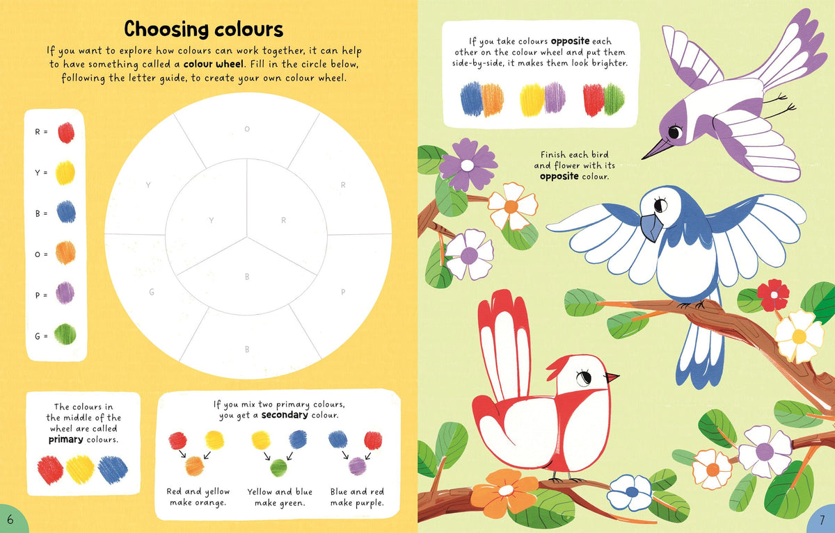 Inside spread with drawing prompts and space for children to try art techniques with pencils and pens