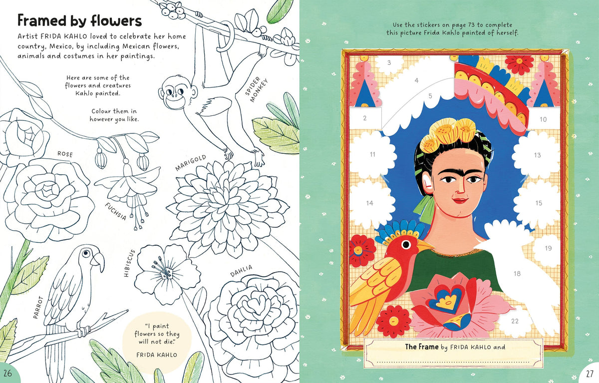 Page of imaginative art projects such as mythical monsters and pop art for children to complete