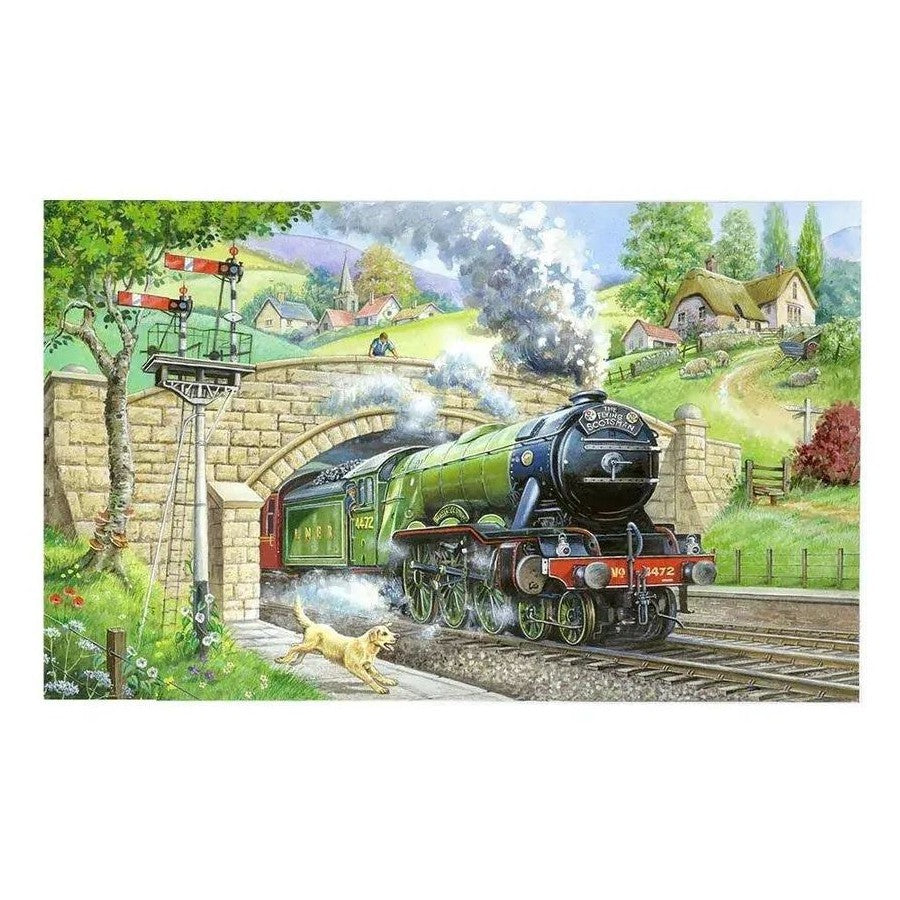 A vintage-style illustrated scene showing a green steam locomotive train traveling on tracks under a stone bridge, with smoke, hills, houses, trees, and a dog in the background.