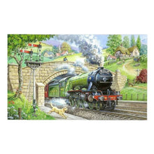 A vintage-style illustrated scene showing a green steam locomotive train traveling on tracks under a stone bridge, with smoke, hills, houses, trees, and a dog in the background.