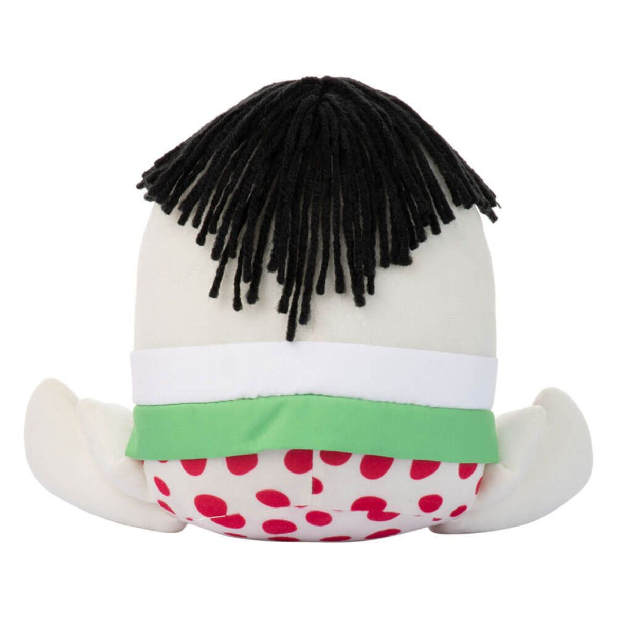 Rear view of Play School Humpty Dumpty plush toy showing black yarn hair, green jacket, red spotted trousers and soft fabric arms and legs.