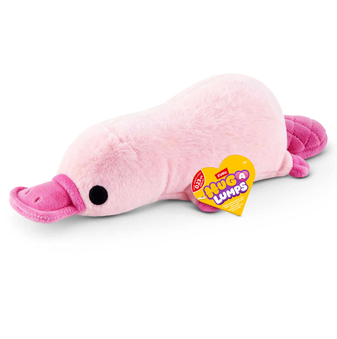 ZURU Hug-a-Lumps weighted fluffy plush pink platypus soft toy with bright pink bill and feet, cuddly sensory comfort plush for kids and collectors.