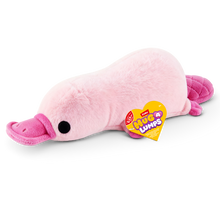 ZURU Hug-a-Lumps weighted fluffy plush pink platypus soft toy with bright pink bill and feet, cuddly sensory comfort plush for kids and collectors.