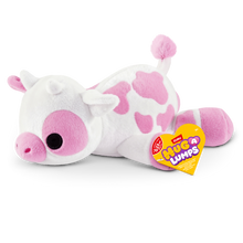 ZURU Hug-a-Lumps weighted fluffy plush pink and white cow soft toy with soft fur and pom pom tail, cuddly sensory comfort plush for kids.