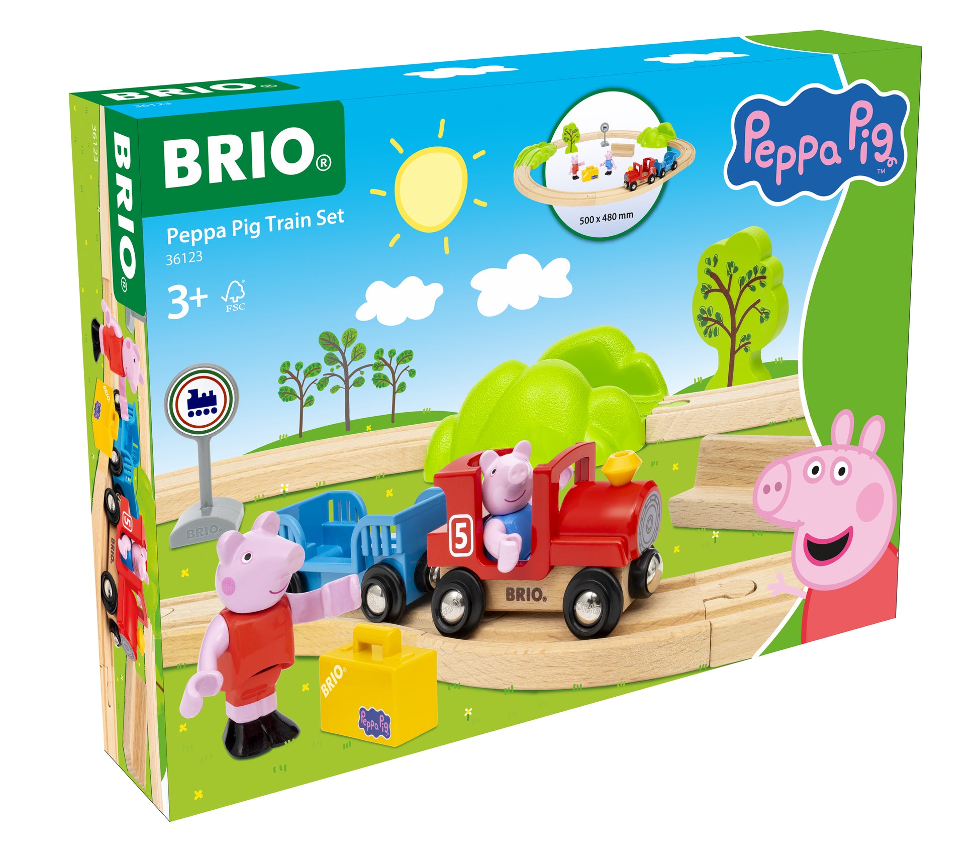 BRIO Peppa Pig train set packaging with colorful design and characters.