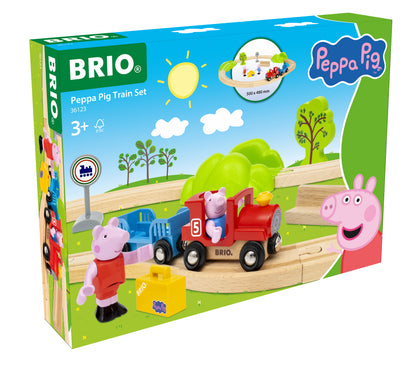 BRIO Peppa Pig train set packaging with colorful design and characters.