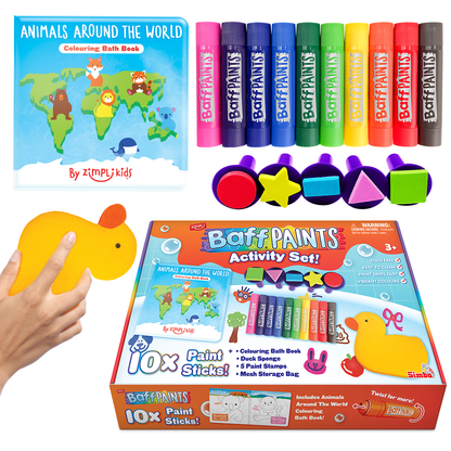 Zimpli Kids Baff Paints Activity Set 7248 with bath paint sticks, colouring book, paint stamps, duck sponge and storage bag