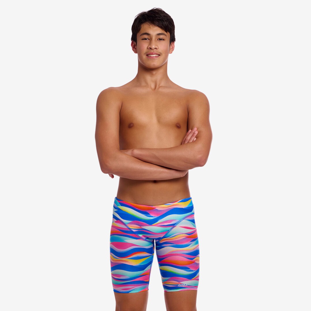Funky Trunks Royal Wave boys fast training jammers in blue and purple print, shown from the side