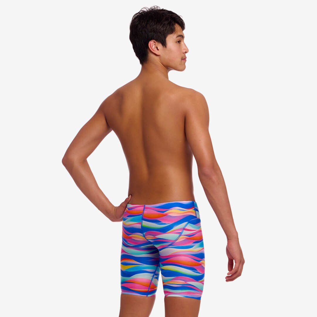 Funky Trunks Royal Wave boys fast training jammers in blue and purple print, shown from the side