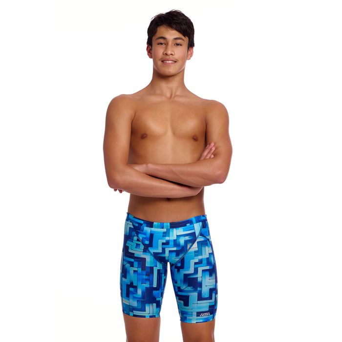 Funky Trunks You Blued boys training jammers in blue print, shown from the side against a plain background