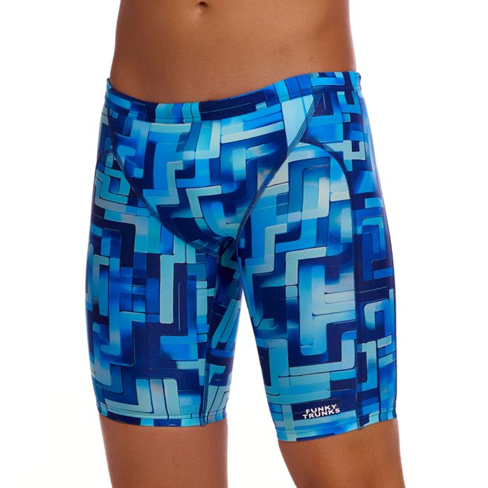 Funky Trunks You Blued boys training jammers in blue print, shown from the side against a plain background