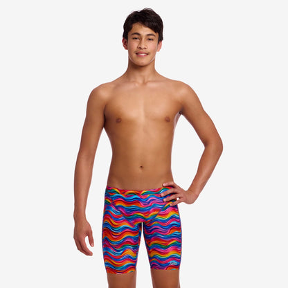 Funky Trunks Plastic Fantastic boys training jammers in a bright multicoloured print, shown from the front