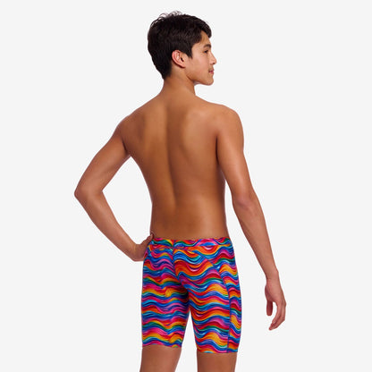Funky Trunks Plastic Fantastic boys training jammers in a bright multicoloured print, shown from the front