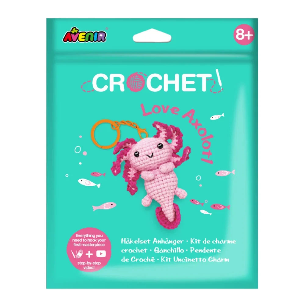 Avenir Love Axolotl Crochet Keychain DIY craft kit displayed on a white backgr