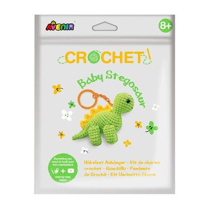 Avenir Baby Stegosaur Crochet Keychain DIY craft kit displayed on a white backgr