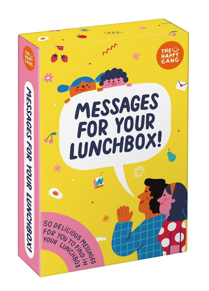 The Happy Gang 'Messages for Your Lunchbox!' box, featuring a bright yellow cover with colorful cartoon illustrations of children and food, and pink side panels.