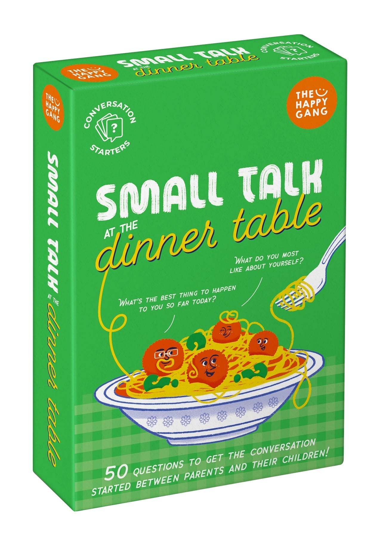 The Happy Gang 'Small Talk at the Dinner Table' card game box, featuring a bright green cover with an illustration of spaghetti, tomatoes, and a fork.