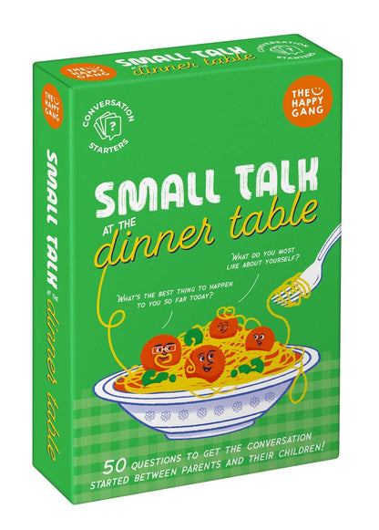 The Happy Gang 'Small Talk at the Dinner Table' card game box, featuring a bright green cover with an illustration of spaghetti, tomatoes, and a fork.