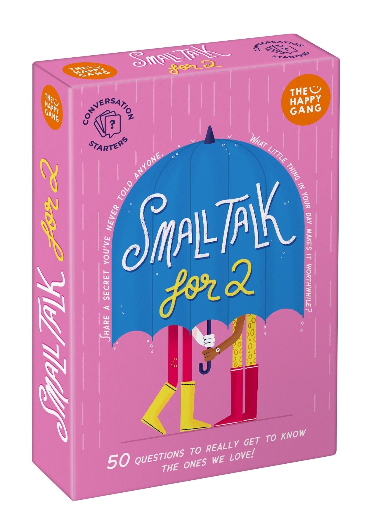 Pink box of 'Small Talk for 2' game with blue umbrella design