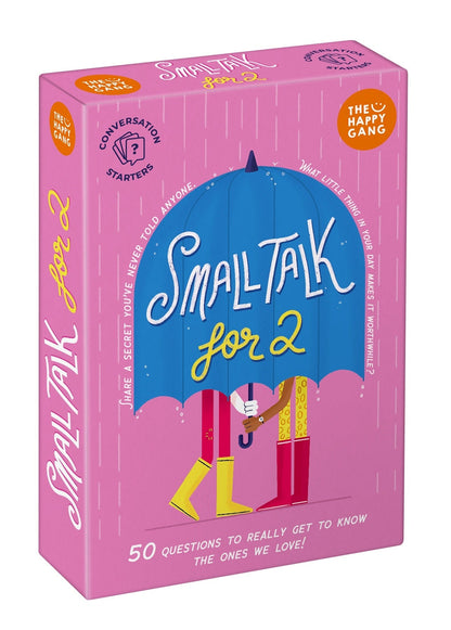 Pink box of 'Small Talk for 2' game with blue umbrella design