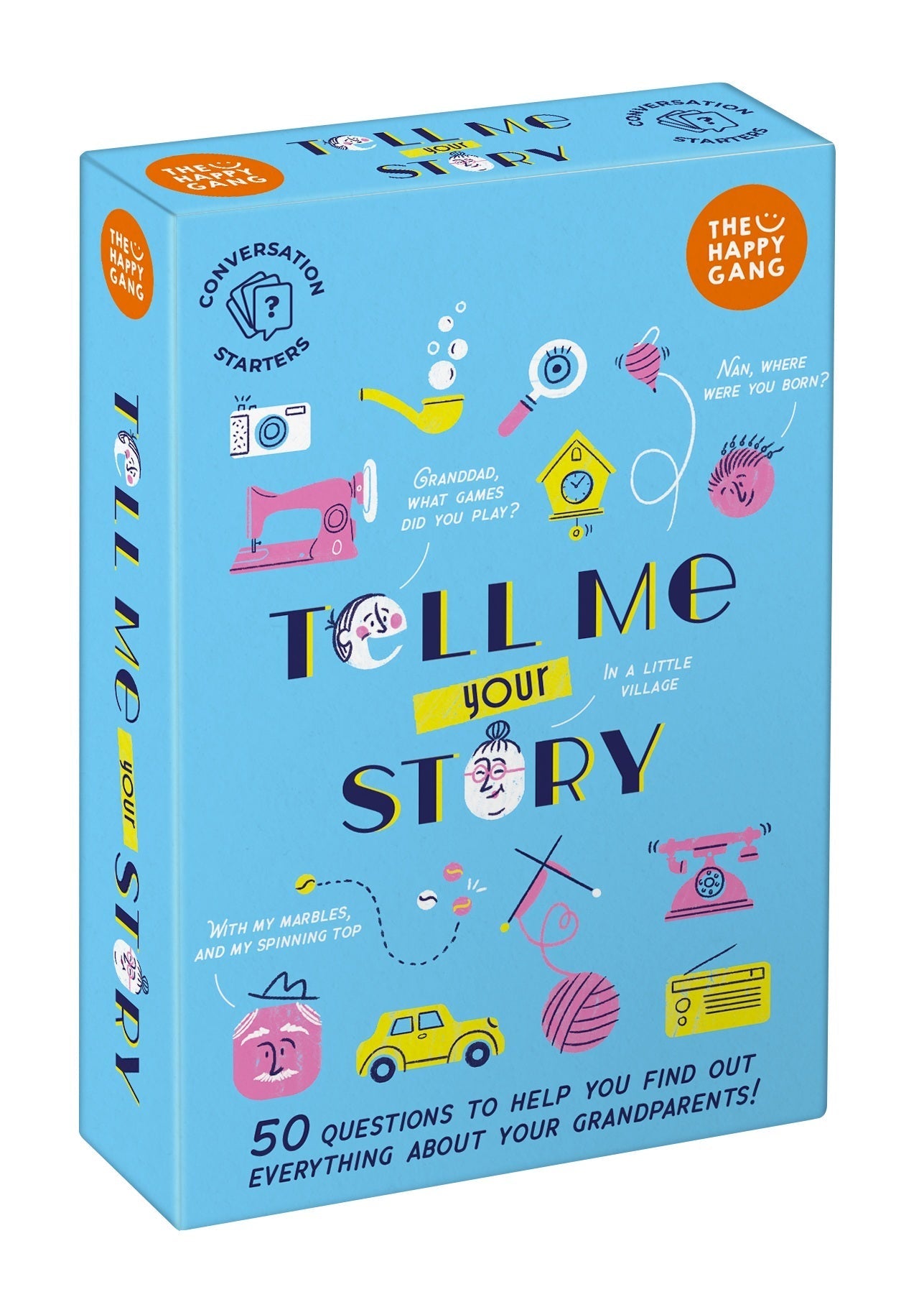 The Happy Gang 'Tell Me Your Story' conversation starters game box, featuring a light blue cover decorated with colorful hand-drawn illustrations of sewing, knitting, and storytelling props.