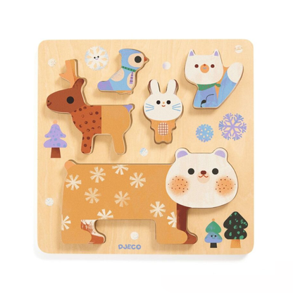 A wooden children's puzzle board by DJECO featuring cute winter animals and snowflake shapes on a light natural wood background.