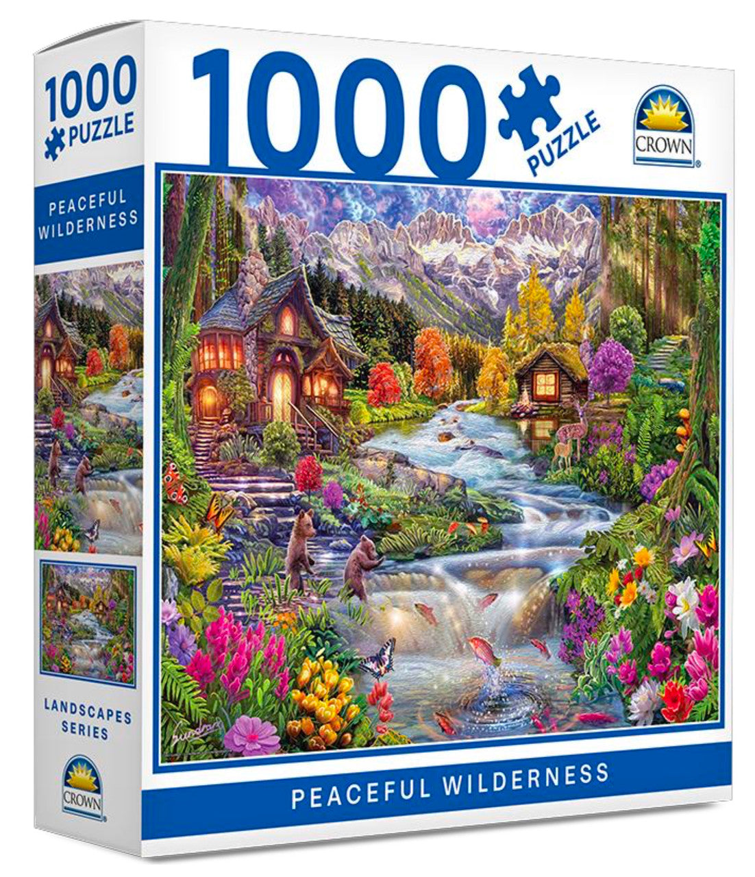 Crown 1000 piece Peaceful Wilderness puzzle featuring mountain cottages, rivers, flowers and forest wildlife