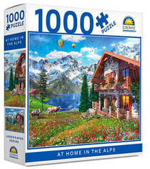 Crown 1000 piece At Home In The Alps puzzle featuring alpine cottages, mountains and colourful wildflowers