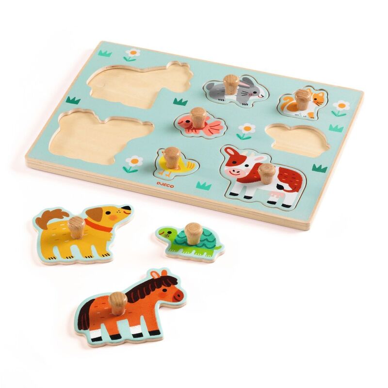 Djeco Dog'n'Co 8 Piece Wooden Farm Animal Puzzle - A farm-themed wooden peg puzzle with chunky pieces designed for little hands.