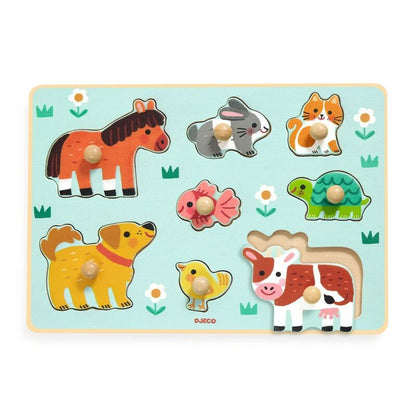 Djeco Dog'n'Co 8 Piece Wooden Farm Animal Puzzle - A farm-themed wooden peg puzzle with chunky pieces designed for little hands. - product image 3