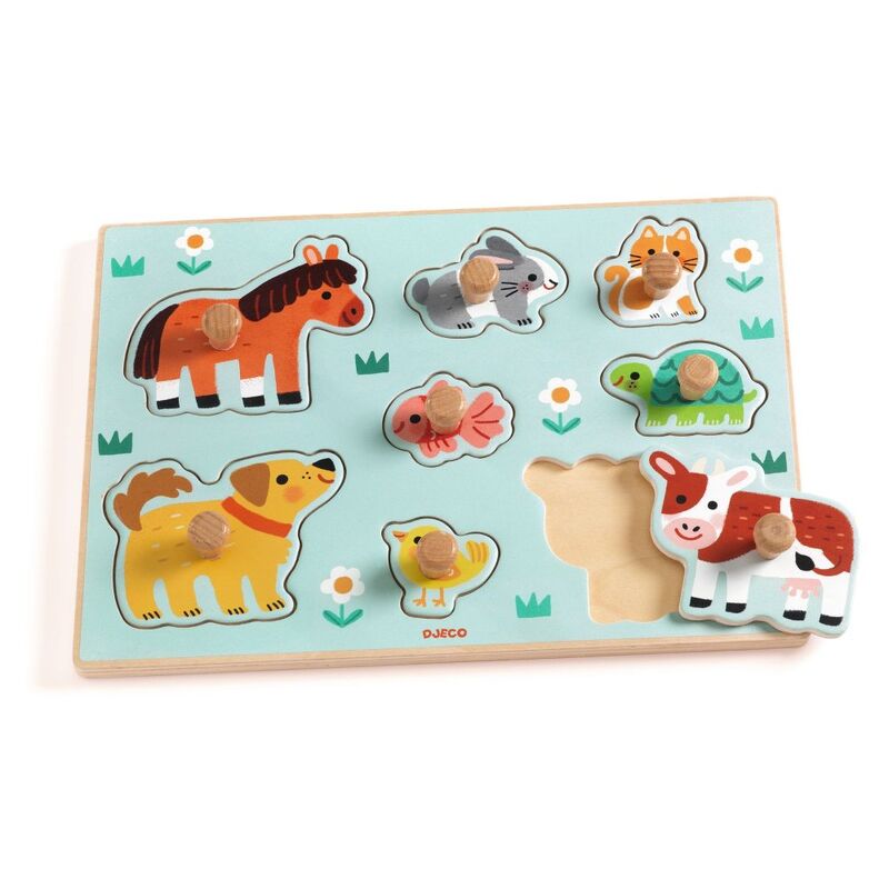 Djeco Dog'n'Co 8 Piece Wooden Farm Animal Puzzle - A farm-themed wooden peg puzzle with chunky pieces designed for little hands.
