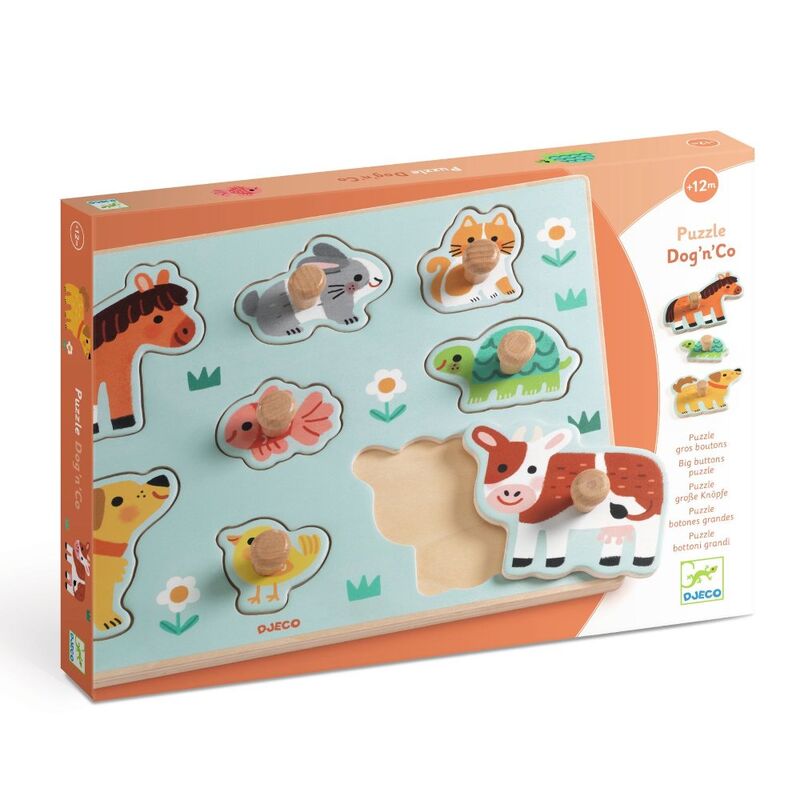 Djeco Dog'n'Co 8 Piece Wooden Farm Animal Puzzle - A farm-themed wooden peg puzzle with chunky pieces designed for little hands. - product image 4