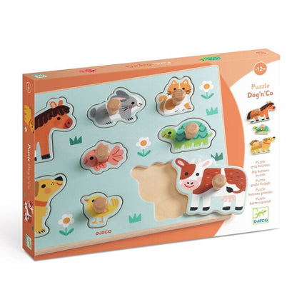 Djeco Dog'n'Co 8 Piece Wooden Farm Animal Puzzle - A farm-themed wooden peg puzzle with chunky pieces designed for little hands. - product image 4