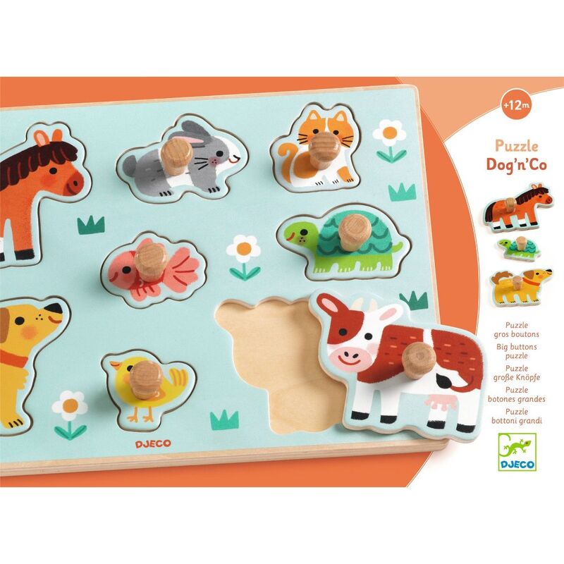 Djeco Dog'n'Co 8 Piece Wooden Farm Animal Puzzle - A farm-themed wooden peg puzzle with chunky pieces designed for little hands. - product image 5