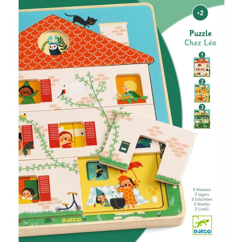 Djeco Chez Leo 3 Layer Wooden Puzzle - 12pc Puzzle for Toddlers