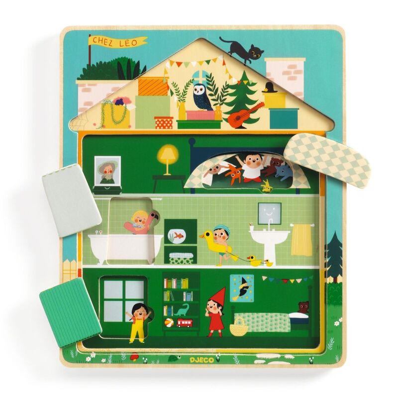 Djeco Chez Leo 3 Layer Wooden Puzzle - 12pc Puzzle for Toddlers